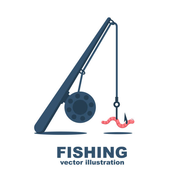 illustrazioni stock, clip art, cartoni animati e icone di tendenza di canna da pesca con un verme sul gancio. - worm cartoon fishing bait fishing hook
