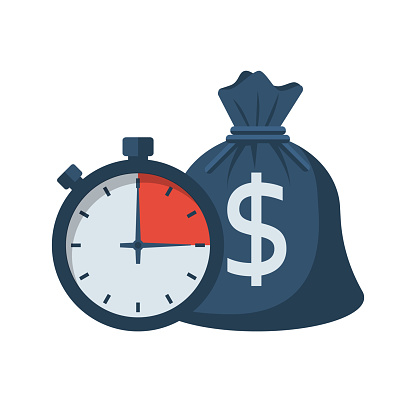 Quick credit. Fast money. Bag of money and stopwatch. Loan in a short time. Business and finance. Timely payment, financial solution. Vector illustration flat design.