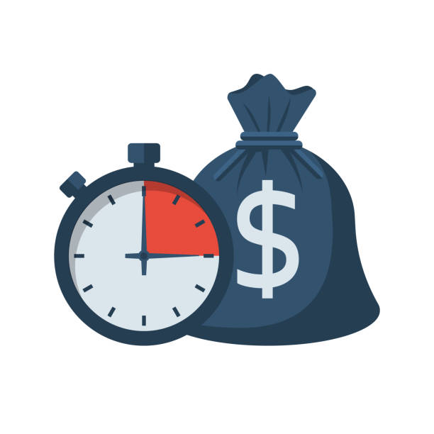 Quick credit. Fast money Quick credit. Fast money. Bag of money and stopwatch. Loan in a short time. Business and finance. Timely payment, financial solution. Vector illustration flat design. payment solution stock illustrations