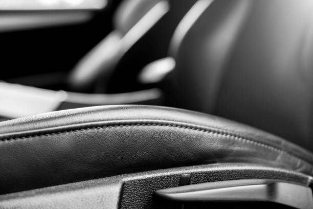istock Car inside. Interior of car. Comfortable leather seats. Black perforated leather cockpit. Steering wheel and dashboard. Automatic gear stick shift. Car detailing. Black and white 1077311892