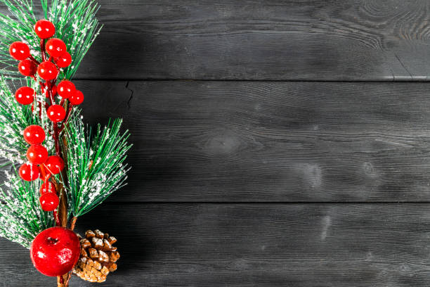istock Christmas concept. Christmas fir tree with decoration on rustic vintage board. Pine branches. Fir cones. Snow on wood. Xmas and Happy New Year composition. Copy space. Empty space. Top view. Christmas background 1077312282