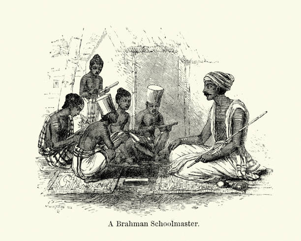 Brahman Schoolmaster, India, 19th Century Vintage engraving of a Brahman Schoolmaster, India, 19th Century. Brahmin is a varna (class) in Hinduism specialising as priests, teachers (acharya) and protectors of sacred learning across generations. caste system stock illustrations