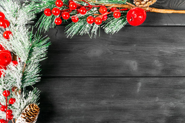 istock Christmas concept. Christmas fir tree with decoration on rustic vintage board. Pine branches. Fir cones. Snow on wood. Xmas and Happy New Year composition. Copy space. Empty space. Top view. Christmas background 1077312742