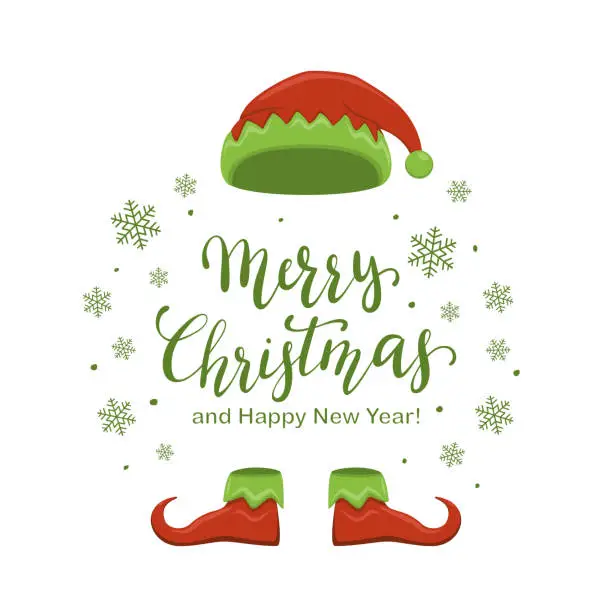 Vector illustration of Elf Hat with Shoes and Green Lettering Merry Christmas