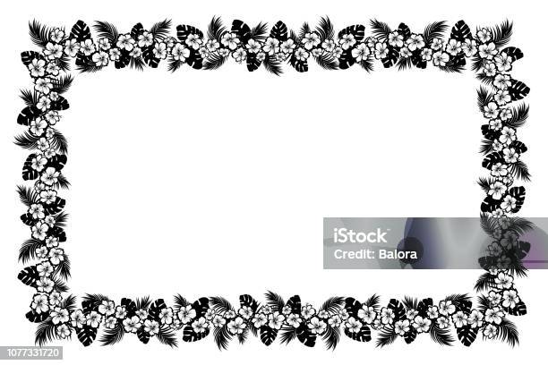 Palm Leaves And Tropical Flowers Black Silhouette Frame Stock Illustration - Download Image Now