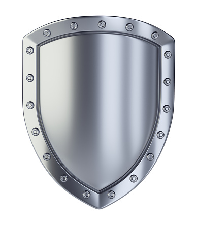 Metallic shield. Isolated on white background 3d illustration.