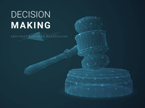 istock Abstract modern business background vector depicting decision making with stars and lines in shape of a jury hammer on blue background. 1077335646