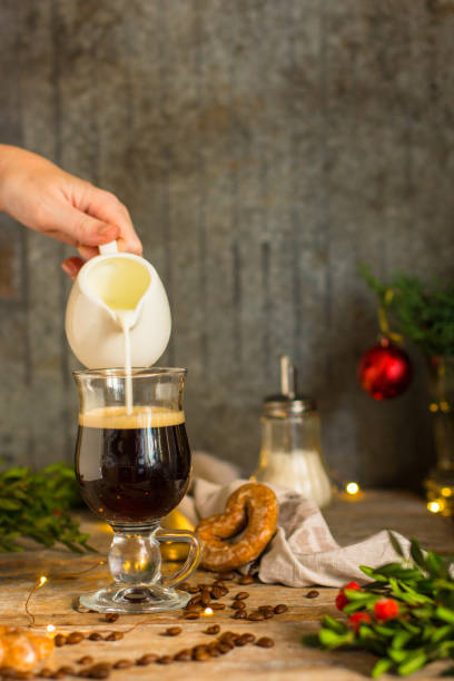 istock coffee in a transparent mug (with milk and spices). Top view. copy space 1077337000
