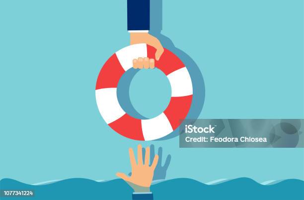 Cartoon Biznesmen Dając Lifebuoy Do Partnera - Stockowe grafiki wektorowe i więcej obrazów Koło ratunkowe - Koło ratunkowe, Boja, Katastrofy i wypadki