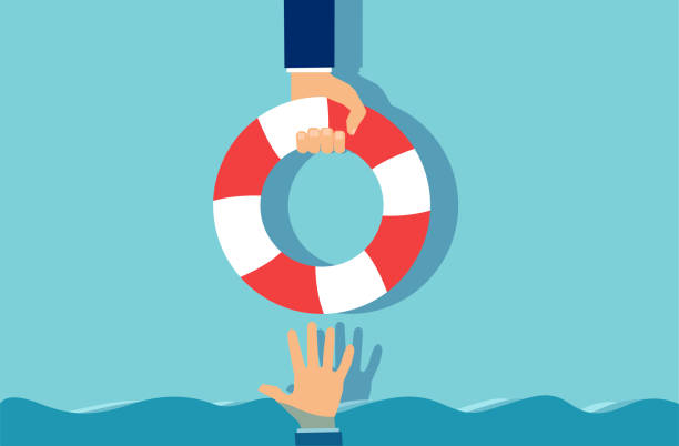 istock Cartoon businessman giving lifebuoy to partner 1077341224