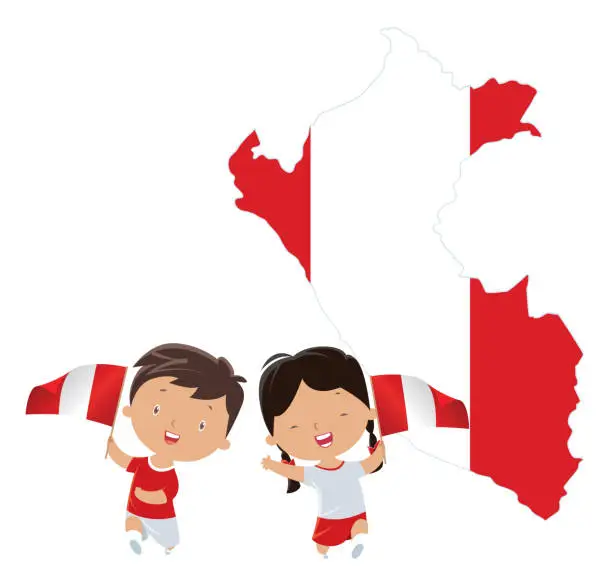 Vector illustration of Children with Peru flags
