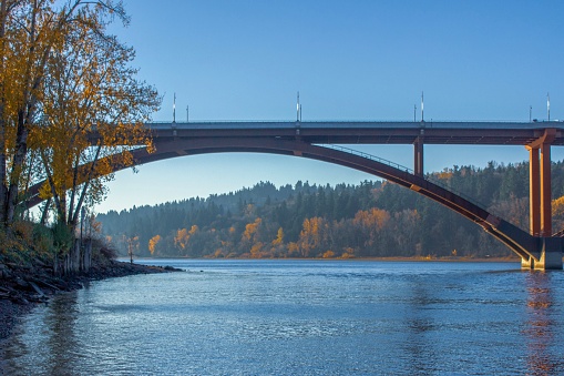 A view of Portland Oregon’s Sellwood Bridge looking down the Willamette River on a clear December day.