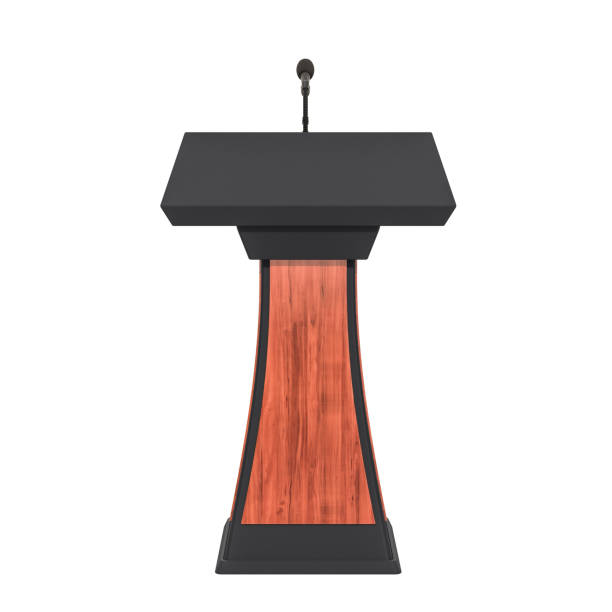 istock Wooden tribune with microphone, 3D rendering isolated on white background 1077371210