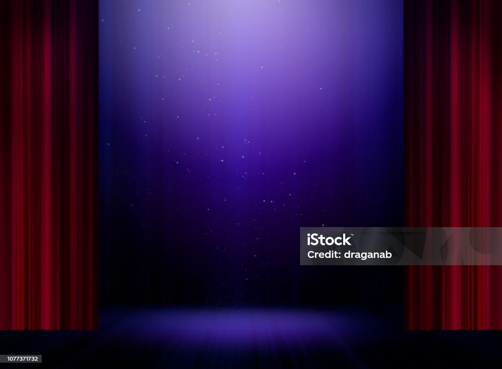 Magic night Stage with open curtains and blue light Backgrounds Stock Photo