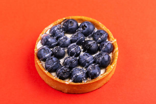 istock Delicious blueberry tartlet with vanilla cream on bright red background 1077380174