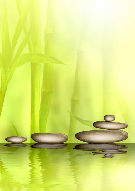 камни и бамбуковый лес с отражением в водном спа фоне. акварея иллюстрация с пространством для текста - arrangement asia backgrounds balance stock illustrations