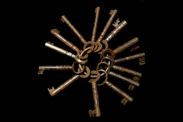 istock Rusty Old Antique Bunch of Keys on Black Background 1077388396