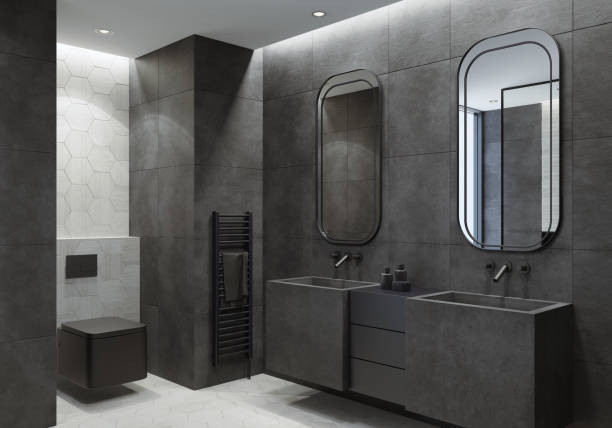 istock Modern bathroom with dark gray concrete tiles 1077388426