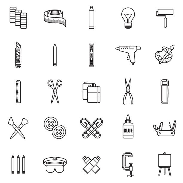 craft supplies thin line icon set - scrapbooking office supply art and craft equipment scissors stock illustrations