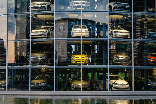 Contemporary buildings at the Volkswagen Autostadt. Wolfsburg, Germany