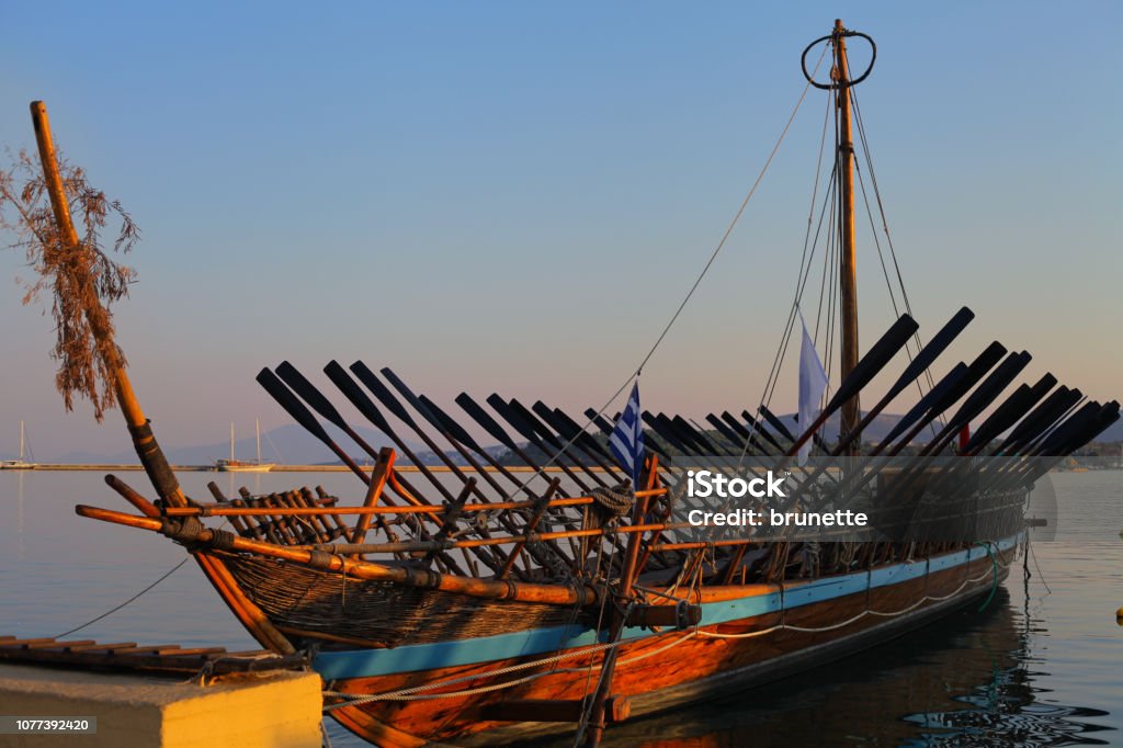 Argo at sunset, the ship of Jason and Argonauts Replica of Argo ship using at quest for the Golden Fleece by Jason and Argonauts according to Greek literature, Volos harbor, Pelion peninsula, Greece Classical Greek Stock Photo
