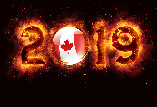 Canada flag with new year 2019 burning on black background