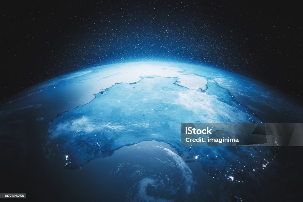 Vista cinematografica della Terra Blu dallo spazio di notte all'Oceania (texture crediti alla NASA) - Foto stock royalty-free di Globo terrestre