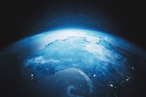 Cinematic Blue Earth View From Space At Night To Oceania (Textures Credits To NASA) Earth with city lights view from space at night. (Heavily post processed NASA textures used for high quality 3d render.) topography photos stock pictures, royalty-free photos & images