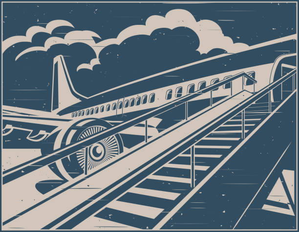 Stylized vector illustration on the theme of civil aviation in retro poster style. Modern jet airplane ready to take on passengers.