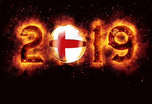 England flag with new year 2019 burning on black background