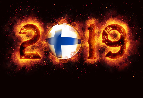 Finland flag with new year 2019 burning on black background