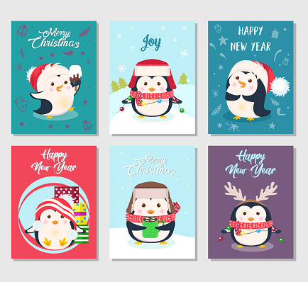 set of Merry Christmas greeting cards with cute penguins. Xmas cartoon vector illustration. Christmas penguin characters. The concept of a Happy new year