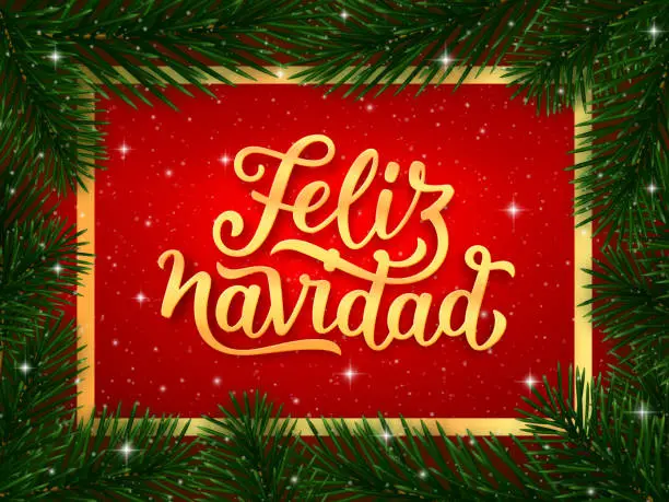 Vector illustration of Feliz Navidad spanish Merry Christmas gold calligraphy text in golden frame and border of fir tree branches on red background. Vector greeting card design