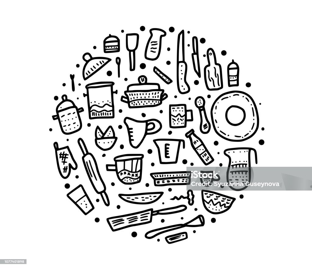 Set of vector kitchen equipments in doodle style. Kitchen equipments set in doodle style. Vector circle composition of  of kitchen dishes and tools objects isolated on white background. Page stock vector