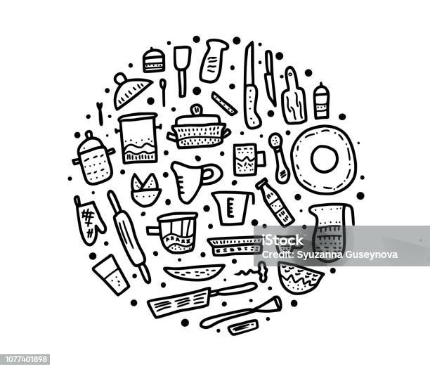 Set Of Vector Kitchen Equipments In Doodle Style Stock Illustration - Download Image Now - Page, Recipe, Art