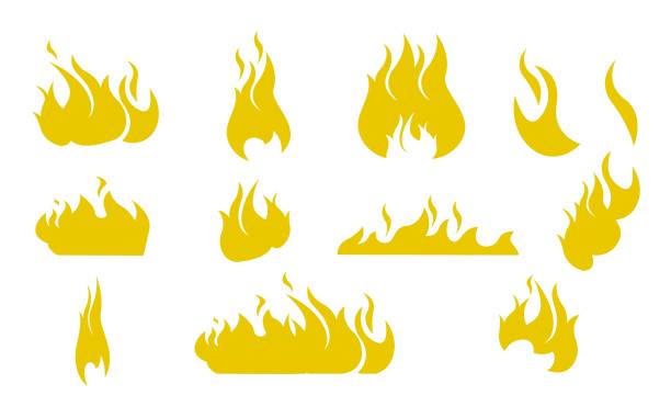 Vector Illustration Cartoon Silhouettes Fire Vector Illustration Cartoon Silhouettes Fire. Vector image Set Seamless image Silhouettes different Shape Yellow Flame ire Isolated on White Background. Concept Fire. Open Fire. flame designs stock illustrations