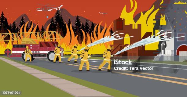 Vector Illustration Cartoon Fire Extinguishing Stock Illustration - Download Image Now - Fire - Natural Phenomenon, Backgrounds, Fire Engine