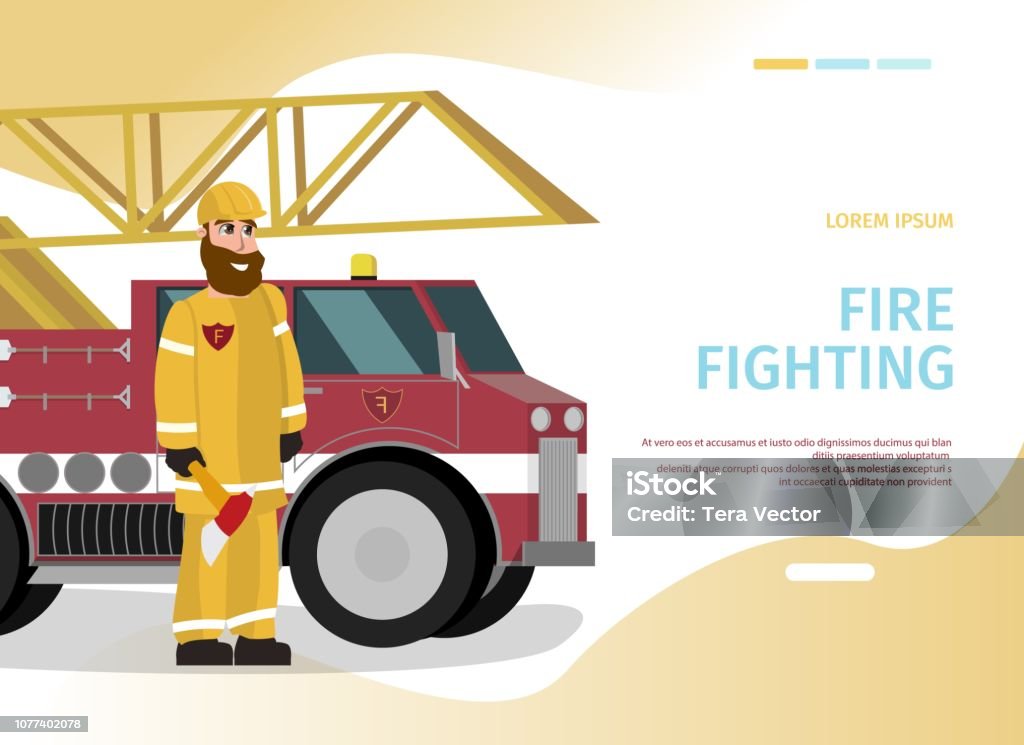 Vector Illustration Cartoon Concept Firefighter Vector Illustration Cartoon Concept Firefighter. Banner image Fire Fighting Concept. Male Firefighter in Uniform with an Axe on Background Red Firetruck. Fire Rescue Department Apartment stock vector