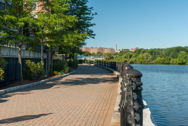 Harborwalk curving along Charles River in Waltham