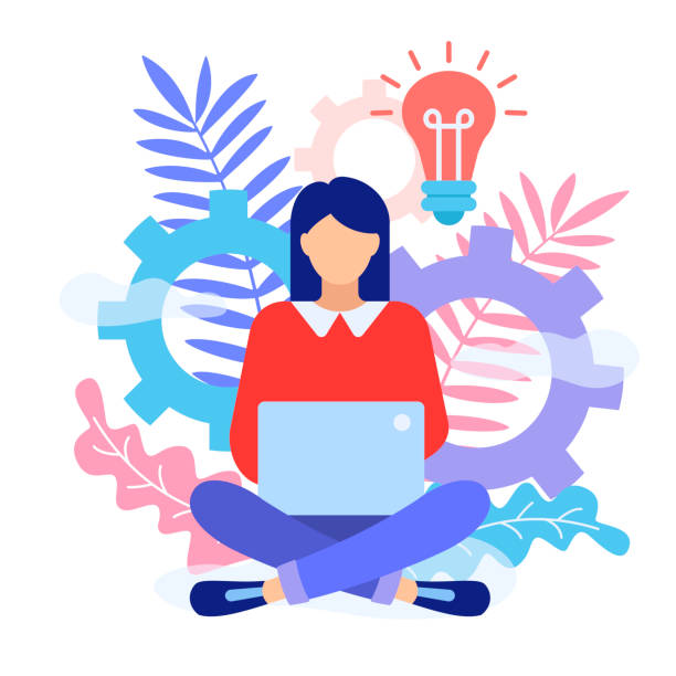 A woman is sitting on the floor and typing on laptop. A woman is sitting on the floor with legs crossed and typing on laptop. Girl blogger work in social media. Freelancer concept. Flat style character vector illustration isolated on white background. young business laptop stock illustrations