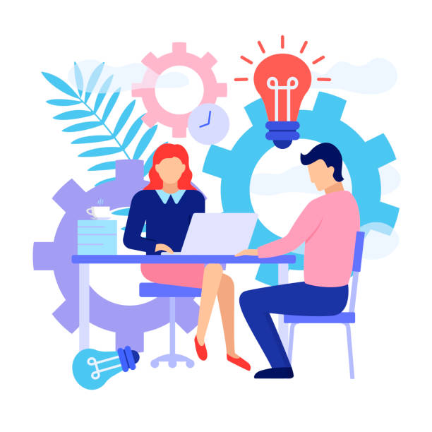 Brainstorm concept. Flat style design of job interview. Job interview - flat business people character isolated illustration on white background. Online assistant at work, searching for new ideas solutions, working together. Brainstorm vector concept. interview event designs stock illustrations