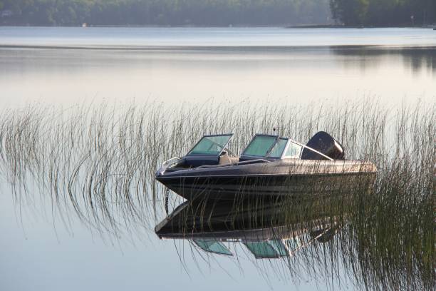 Senior man and adult niece on a pedal boat on country lake on a sunny summer end of day. Selective focus on the front ground. Horizontal full length outdoors shot with copy space.