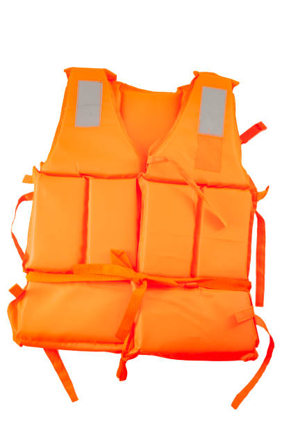 istock Maritime safety equipment, floatation device and water activities concept with an orange life jacket isolated on white background with a clip path cutout 1077426652