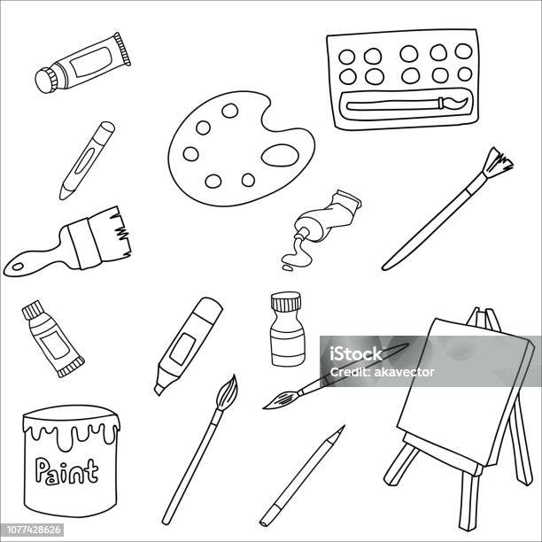 Hand drawn set of artist tools doodle. Art supplies in sketch style. Easel,  brushes, paint, pencils. Vector illustration isolated on white background.  8826776 Vector Art at Vecteezy