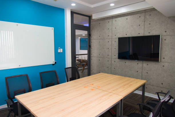 Conference room with television set and whiteboard on walls