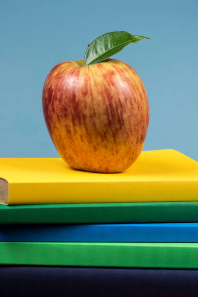 istock Apple fruit on top of a book stack, on the back of school classes. 1077431748