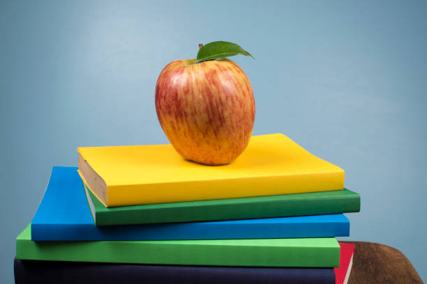 istock Apple fruit on top of a book stack, on the back of school classes. 1077431808
