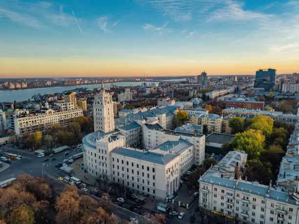 Evening Voronezh. Sunset. South-East Railway Administration Building and Revolution prospect. Aerial view from drone.