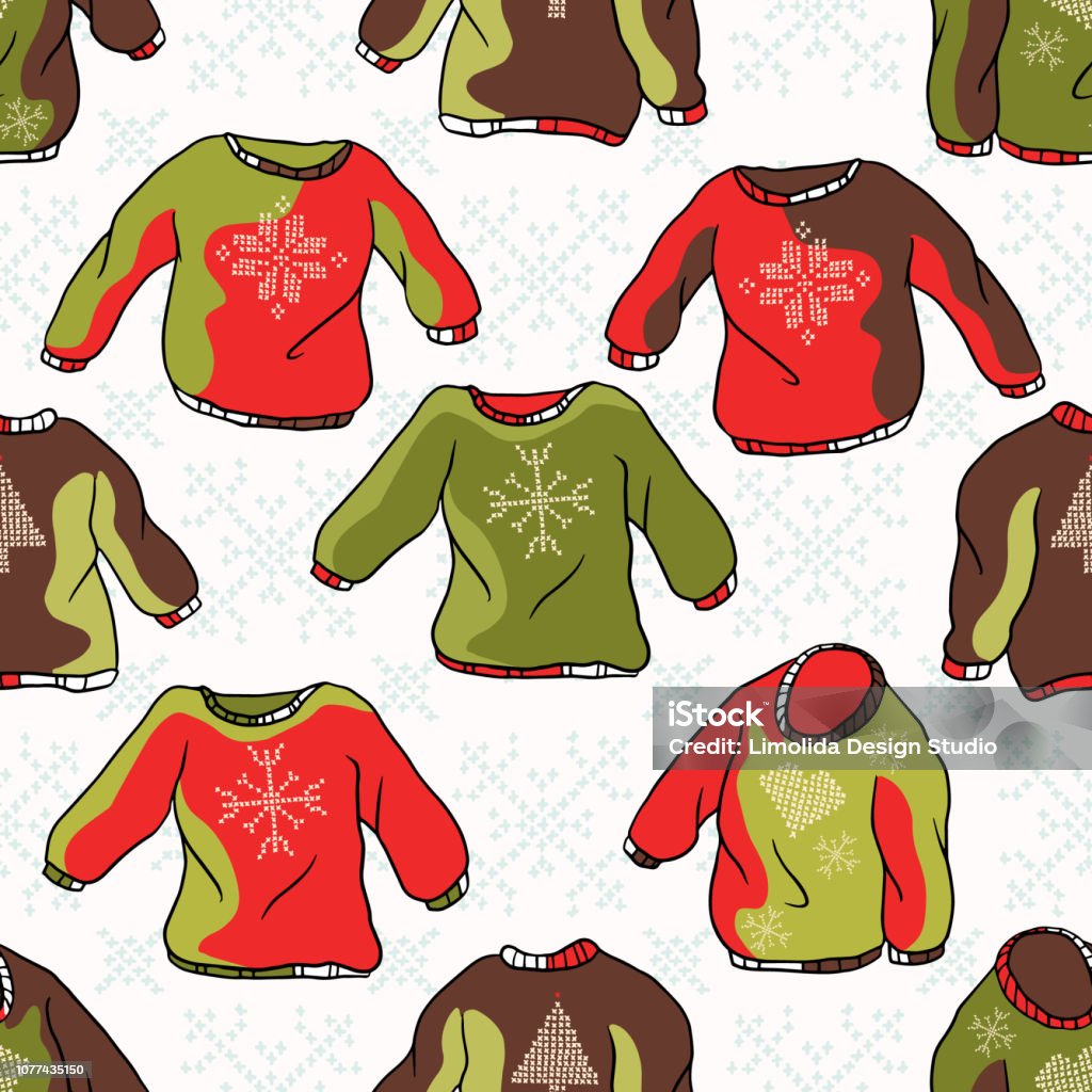Trendy Nordic Christmas Jumper Seamless Vector Pattern Nordic Christmas Jumper Seamless Vector Pattern. Hand Drawn Embroidered Ugly Sweater Illustration for Winter Faashion Prints, Festive Gift Wrap, Trendy Craft Packaging or Fun Party Decor Retro Style. Christmas Sweater stock vector