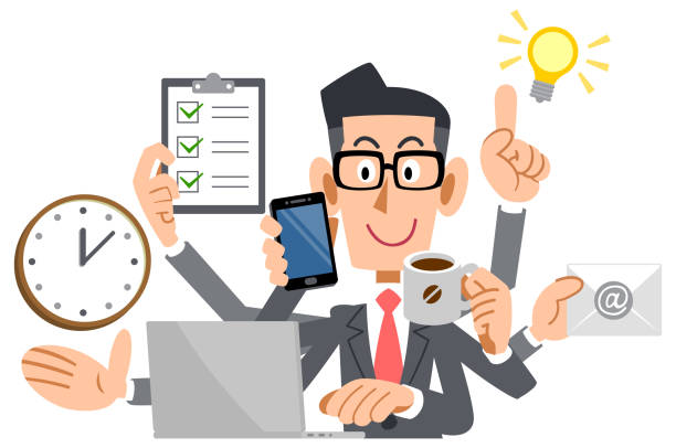 illustrazioni stock, clip art, cartoni animati e icone di tendenza di occhiali uomo d'affari per eseguire il multitasking - multi tasking efficiency financial advisor business